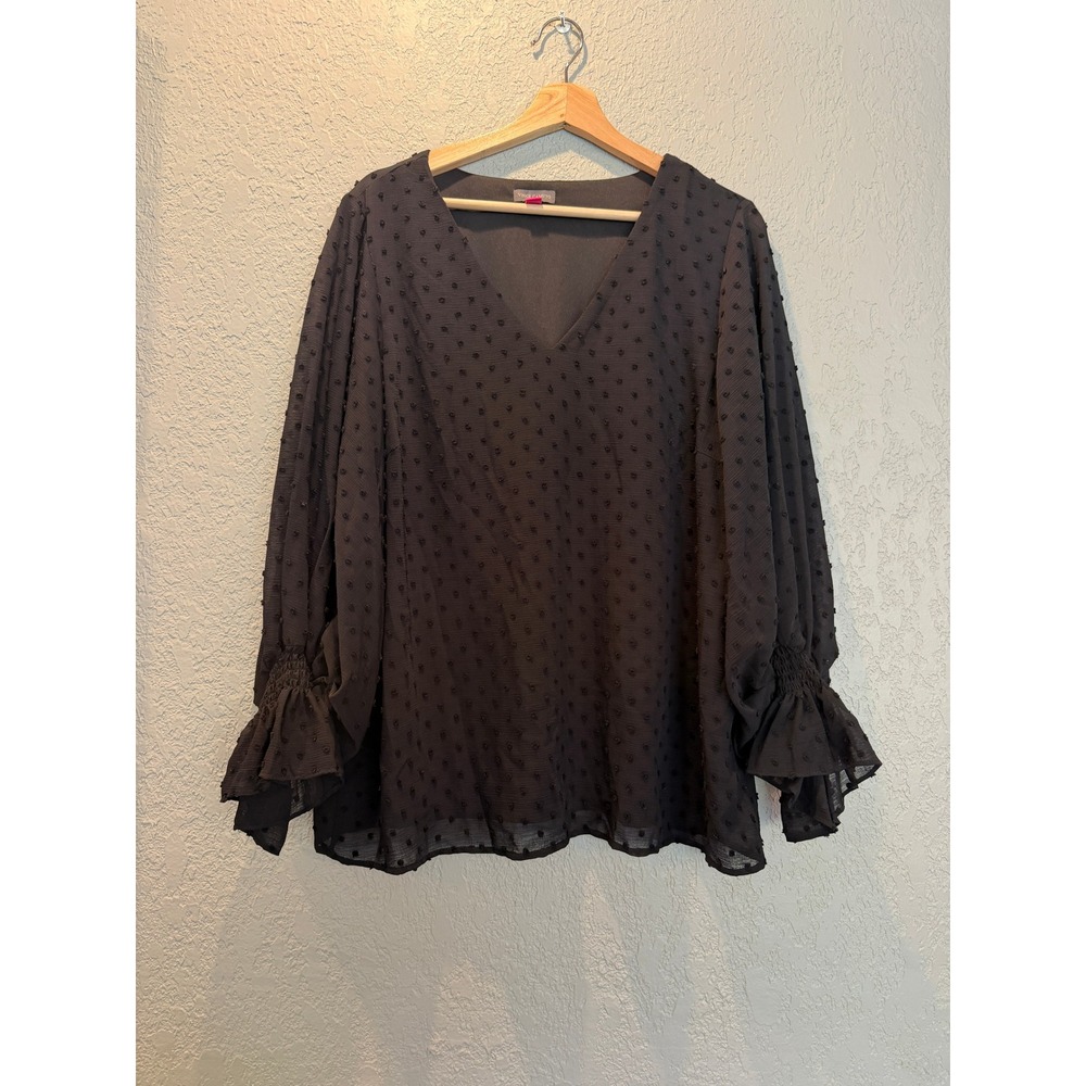 Vince Camuto Black Clip Dot V-Neck Blouse Smocked Ruffle Sleeve XL 9151052C